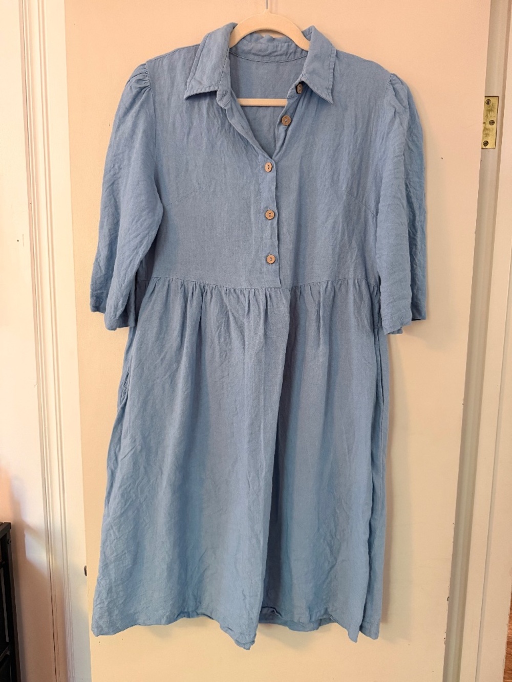 Sky Blue Linen Midi Dress Medium Collared Button Front Pockets Cottagecore